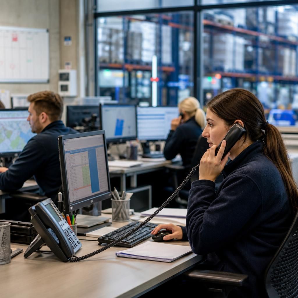 Logistics employees working with computers and connectivity systems