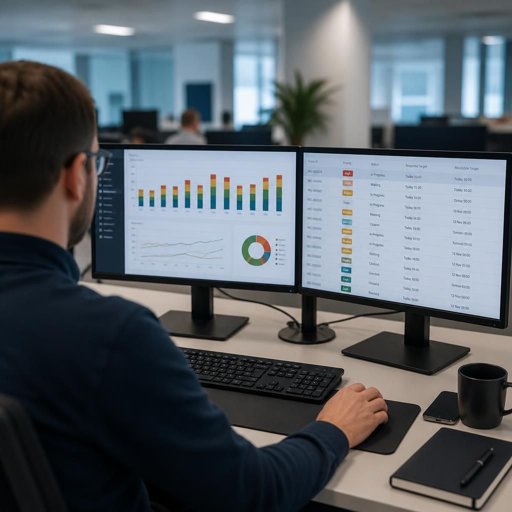 IT service desk dashboard showing ticket priorities, response targets and resolution status