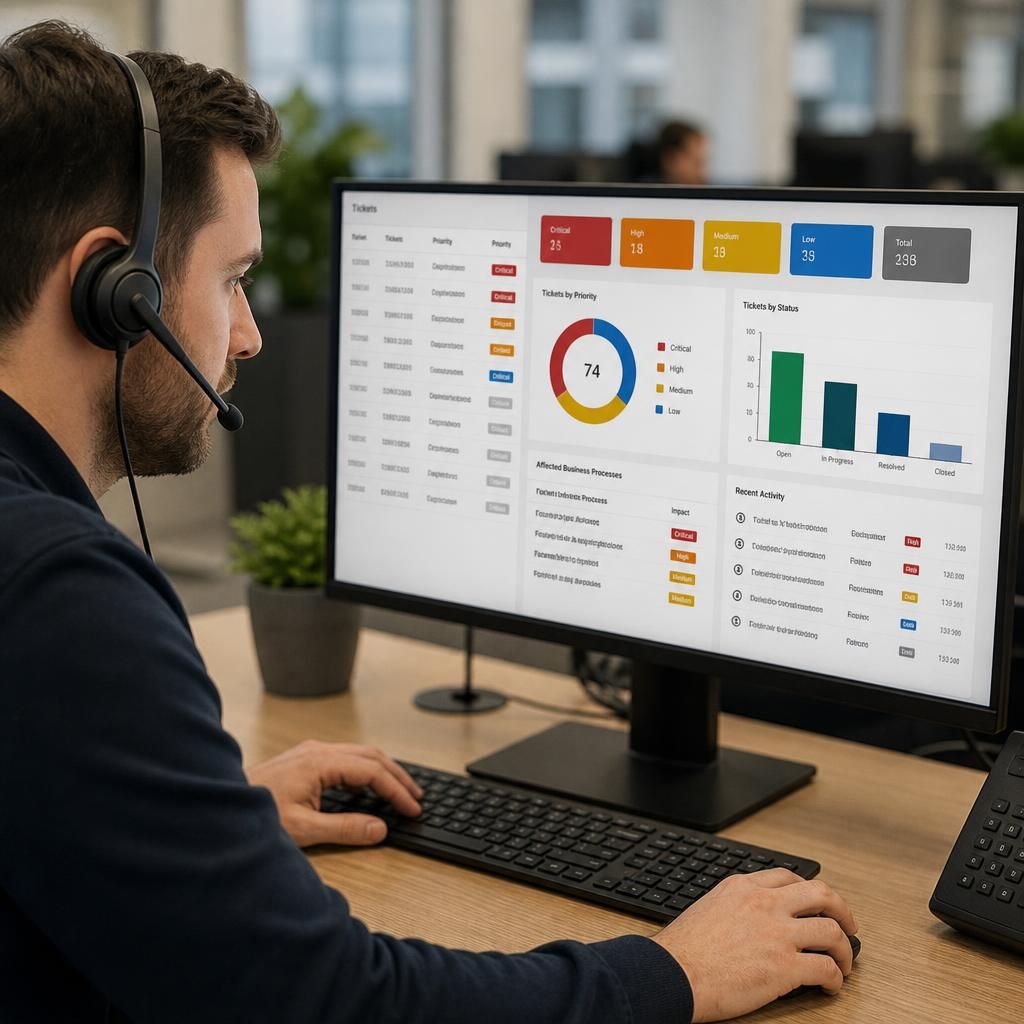 Service desk dashboard showing ticket priority levels and affected business processes