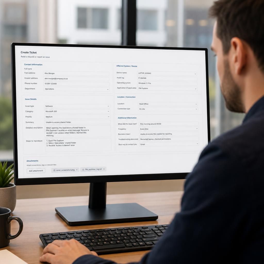 IT help desk ticket form showing issue details, device information and supporting attachment fields