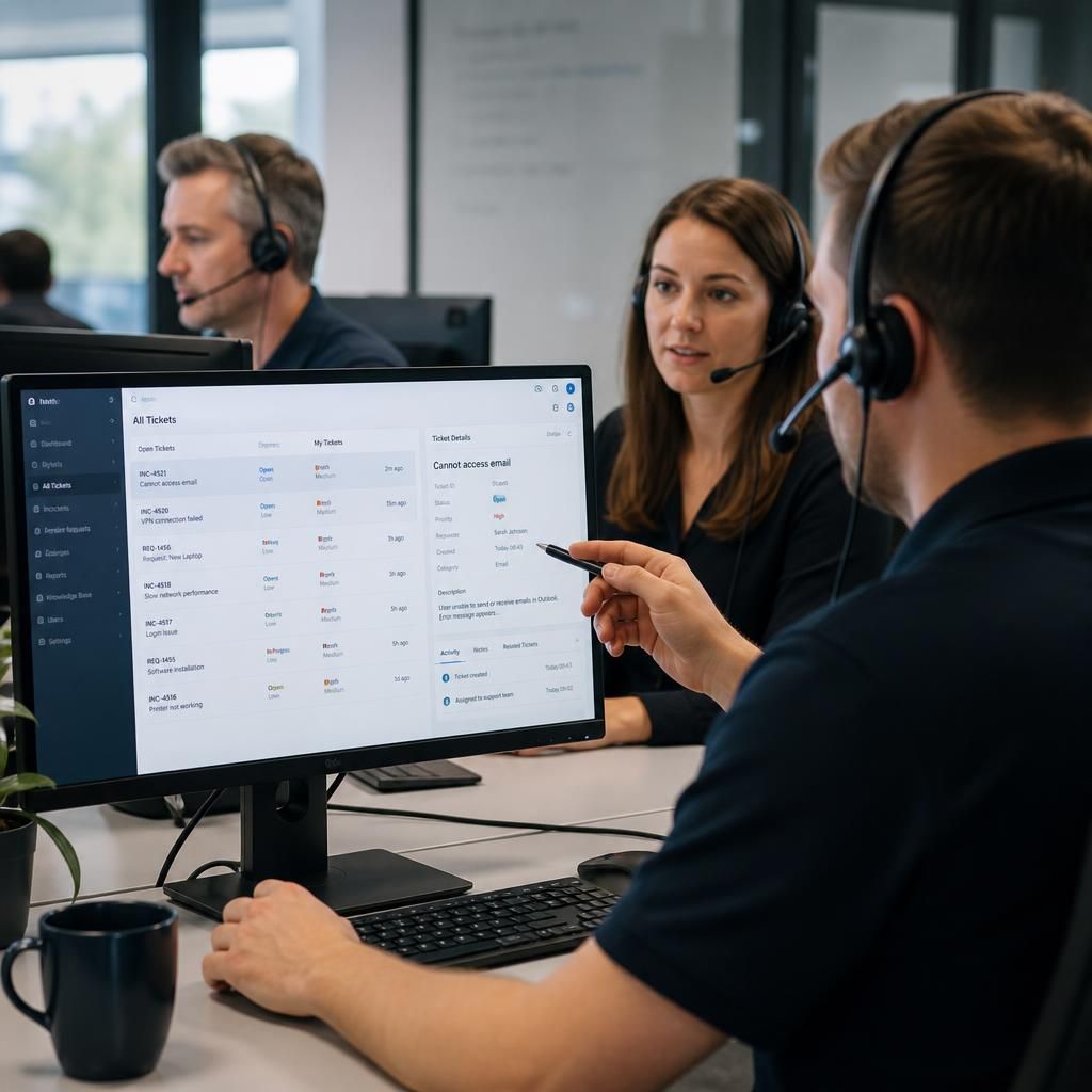 IT support team reviewing service desk tickets on a computer screen