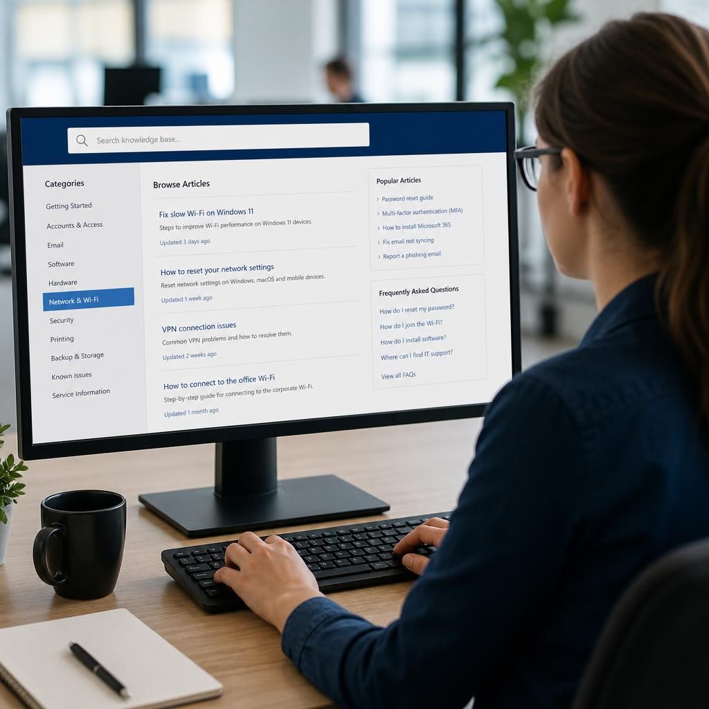 Searchable IT service desk knowledge base displaying troubleshooting articles and frequently asked questions