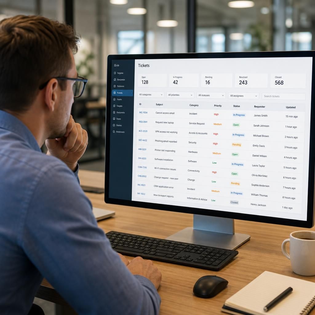 Service desk dashboard displaying incident, request and security ticket records