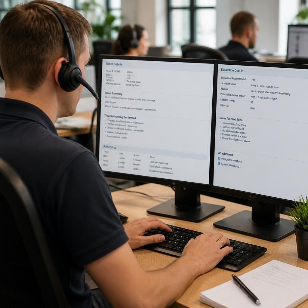 IT service desk ticket showing escalation details, affected users and troubleshooting notes