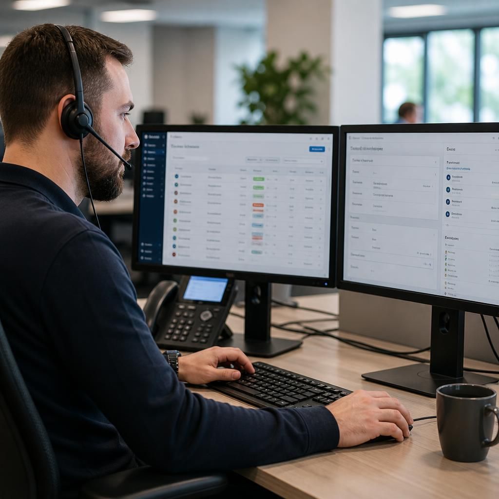 IT support professional reviewing a service desk ticket on a computer screen