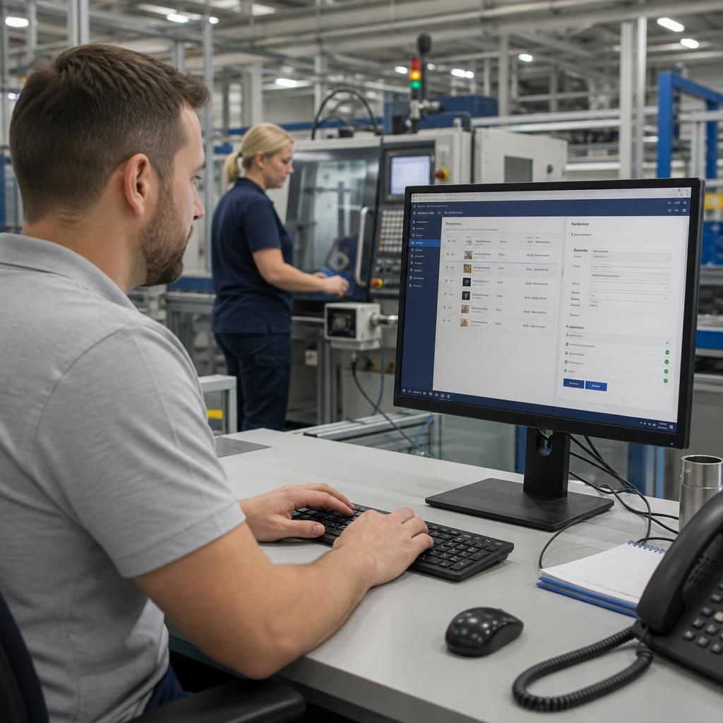 Manufacturing staff using workplace technology while an IT support request is logged