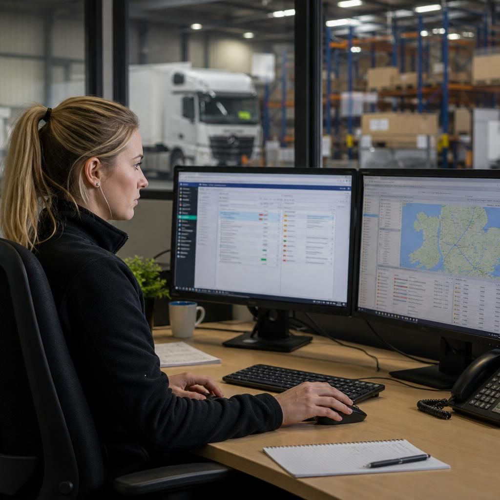 Logistics team member checking operational systems while an IT ticket is being managed