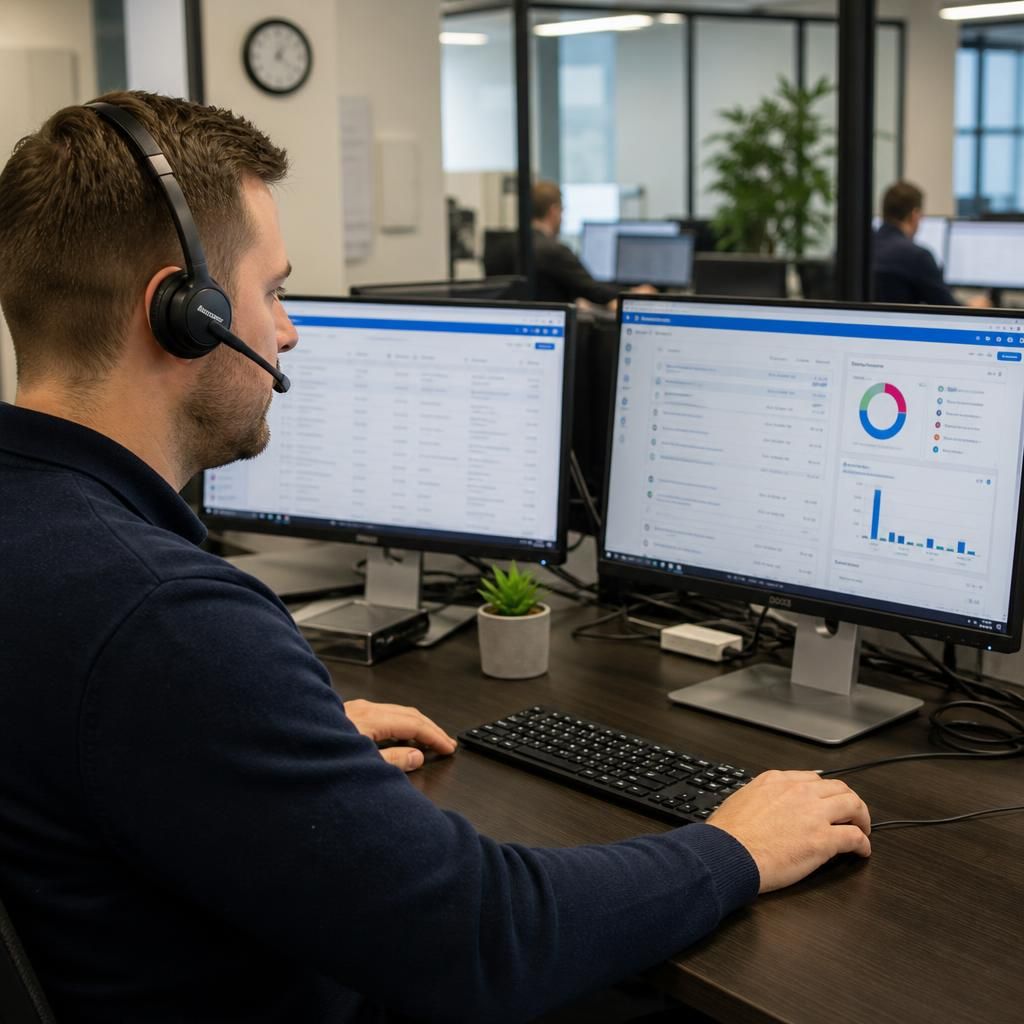 Employees at separate business locations using connected IT systems supported through a service desk