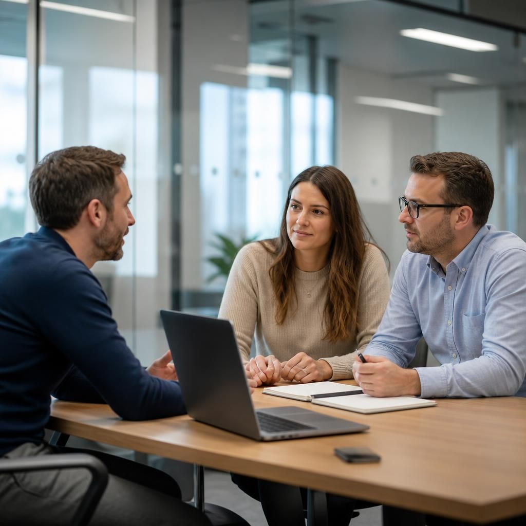 Growing business team discussing technology requirements with an IT support professional