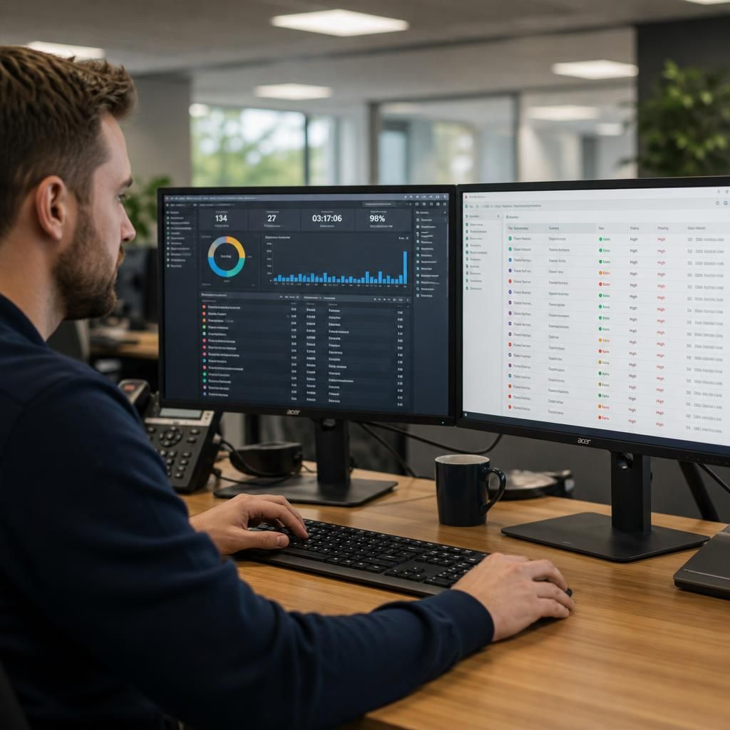 Technician reviewing recurring fault records on a service desk dashboard