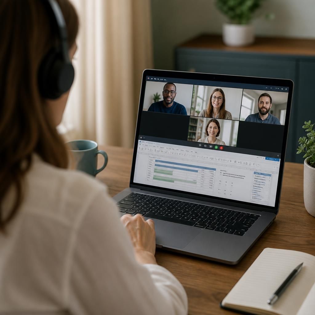 Employee using a laptop with a video meeting and shared documents on screen