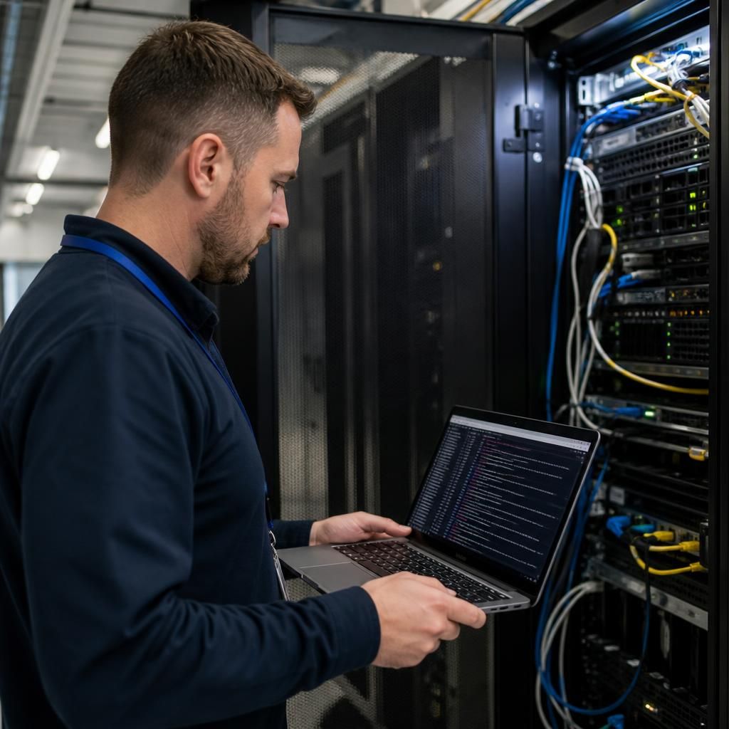 Technician reviewing server recovery logs beside network equipment