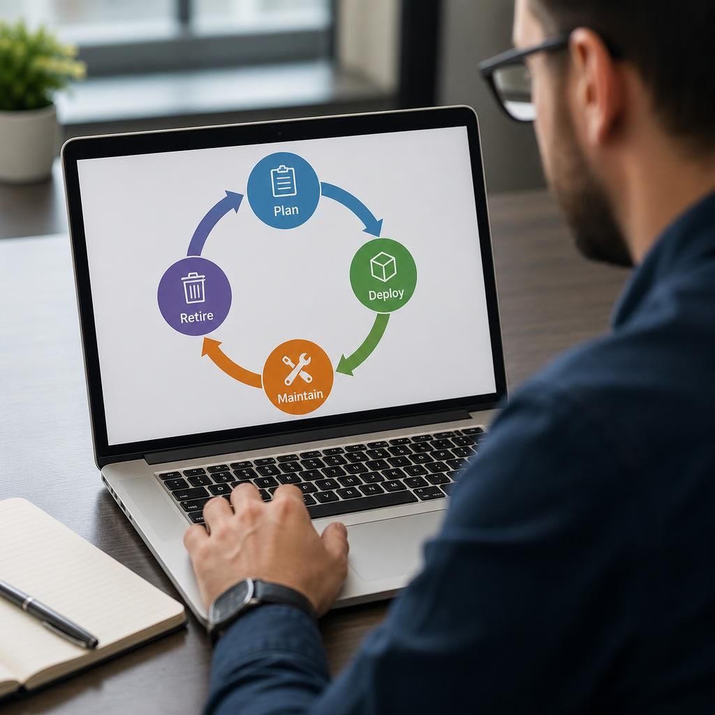 IT equipment lifecycle diagram showing planning, deployment, maintenance and retirement stages