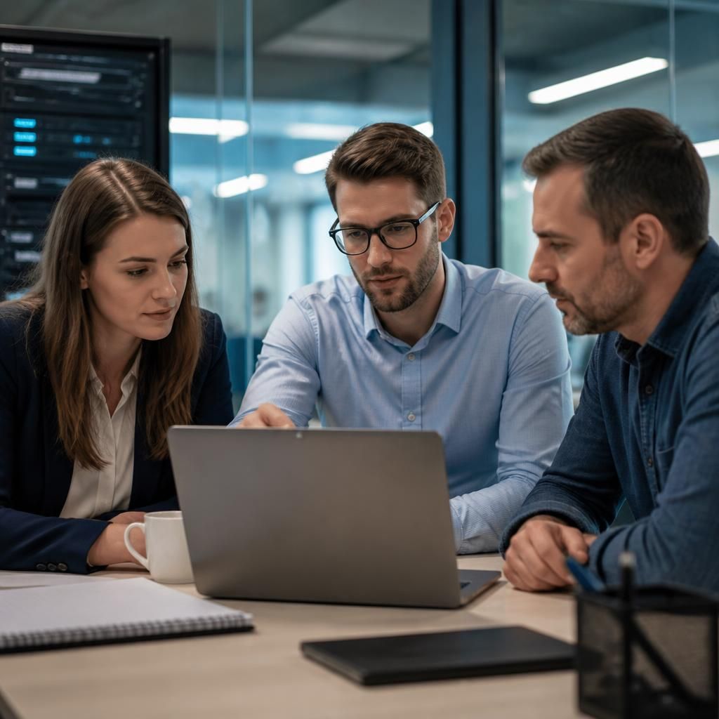 IT project team reviewing a network migration plan on a laptop