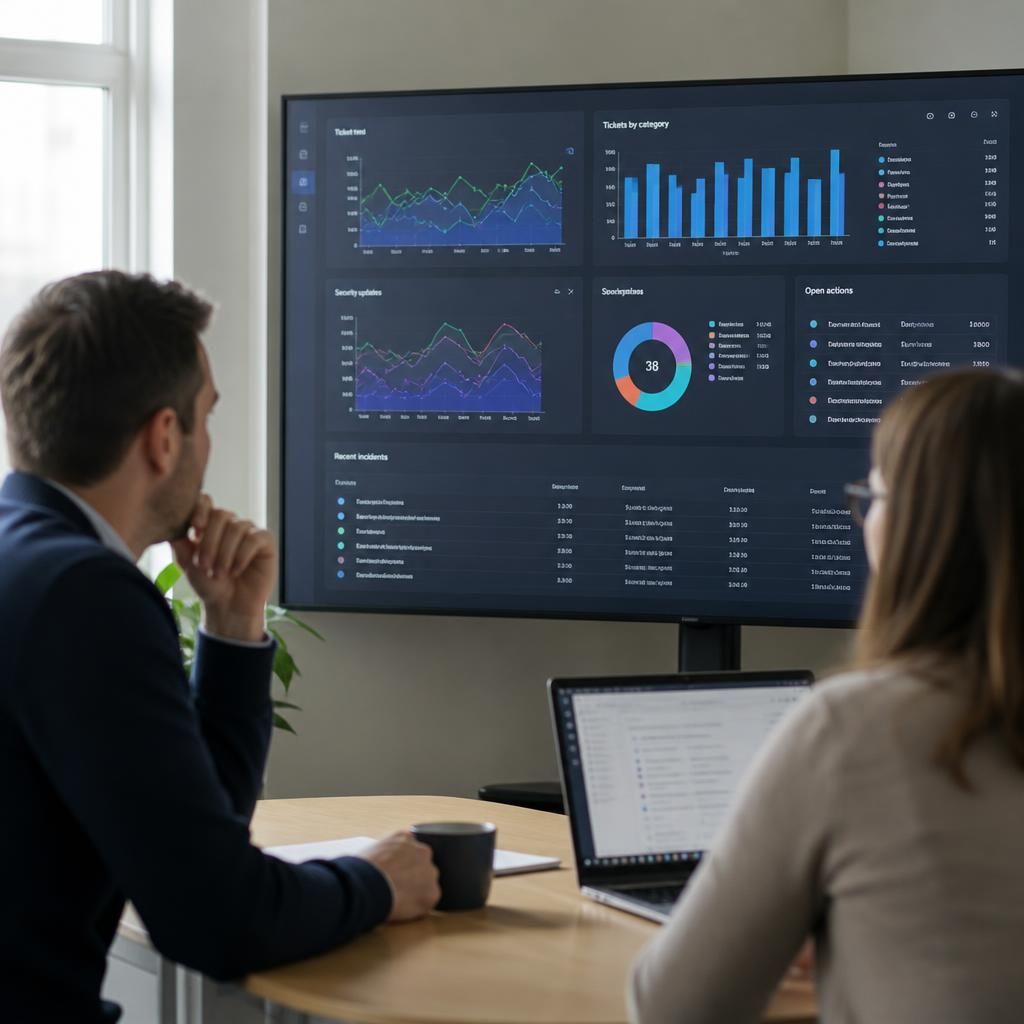 IT service review dashboard showing ticket trends, security updates and open actions