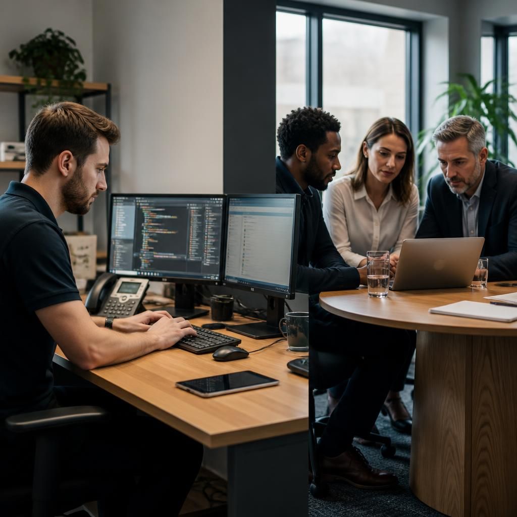 Employee working at an internal IT desk beside an external support team reviewing business systems