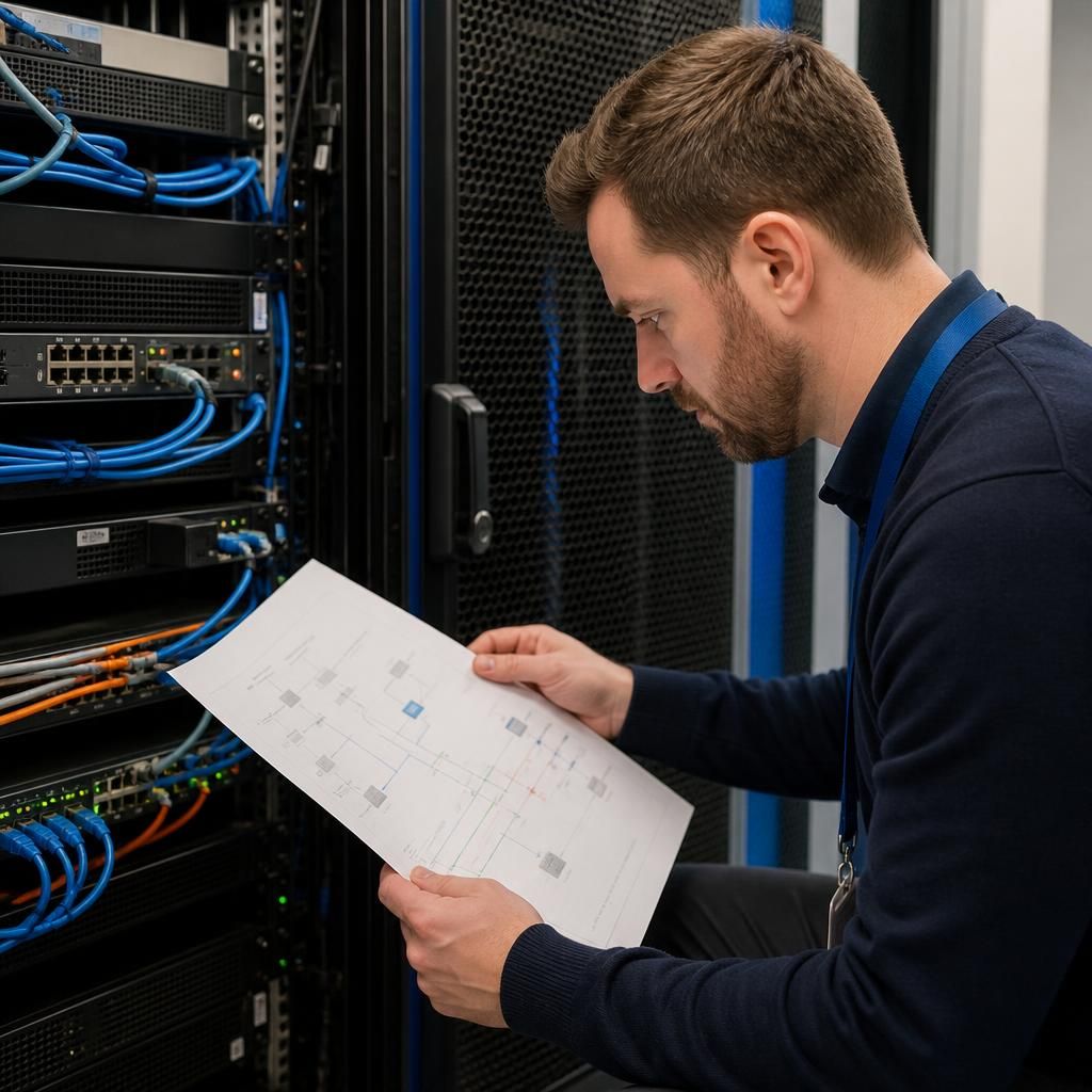 IT support professional reviewing network diagrams beside server equipment