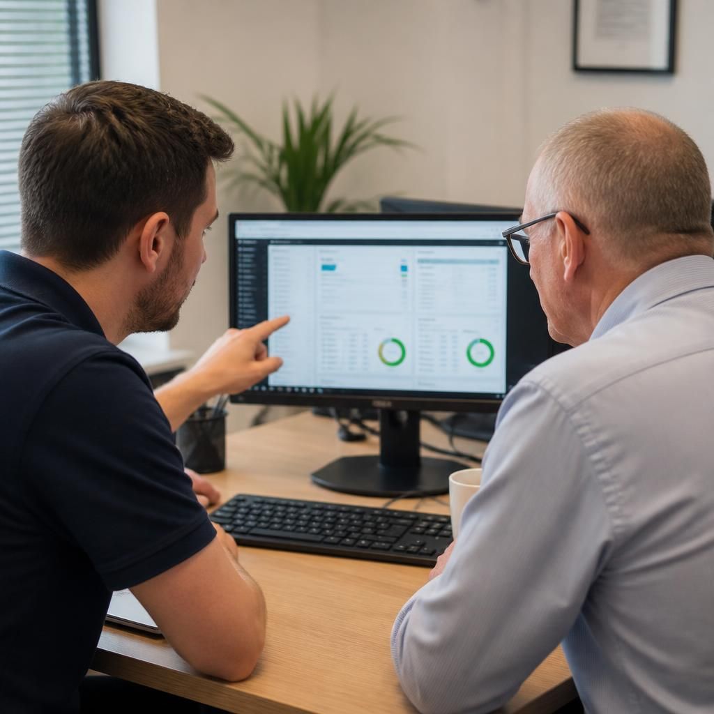 IT support specialist discussing a computer screen with a business client