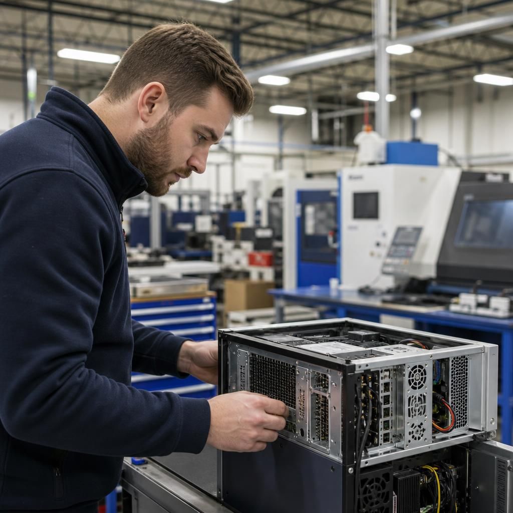 IT support specialist inspecting computer equipment in a manufacturing environment