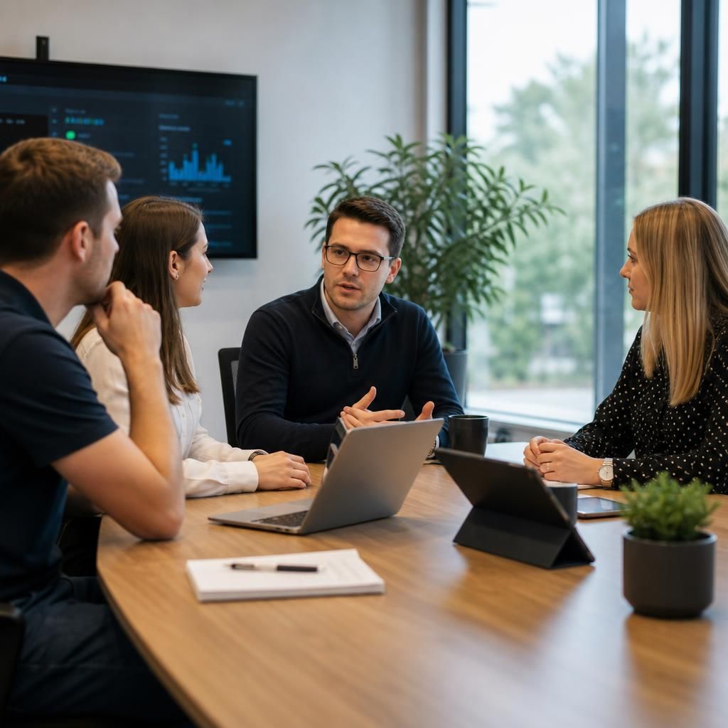 Business team discussing IT systems and future technology requirements