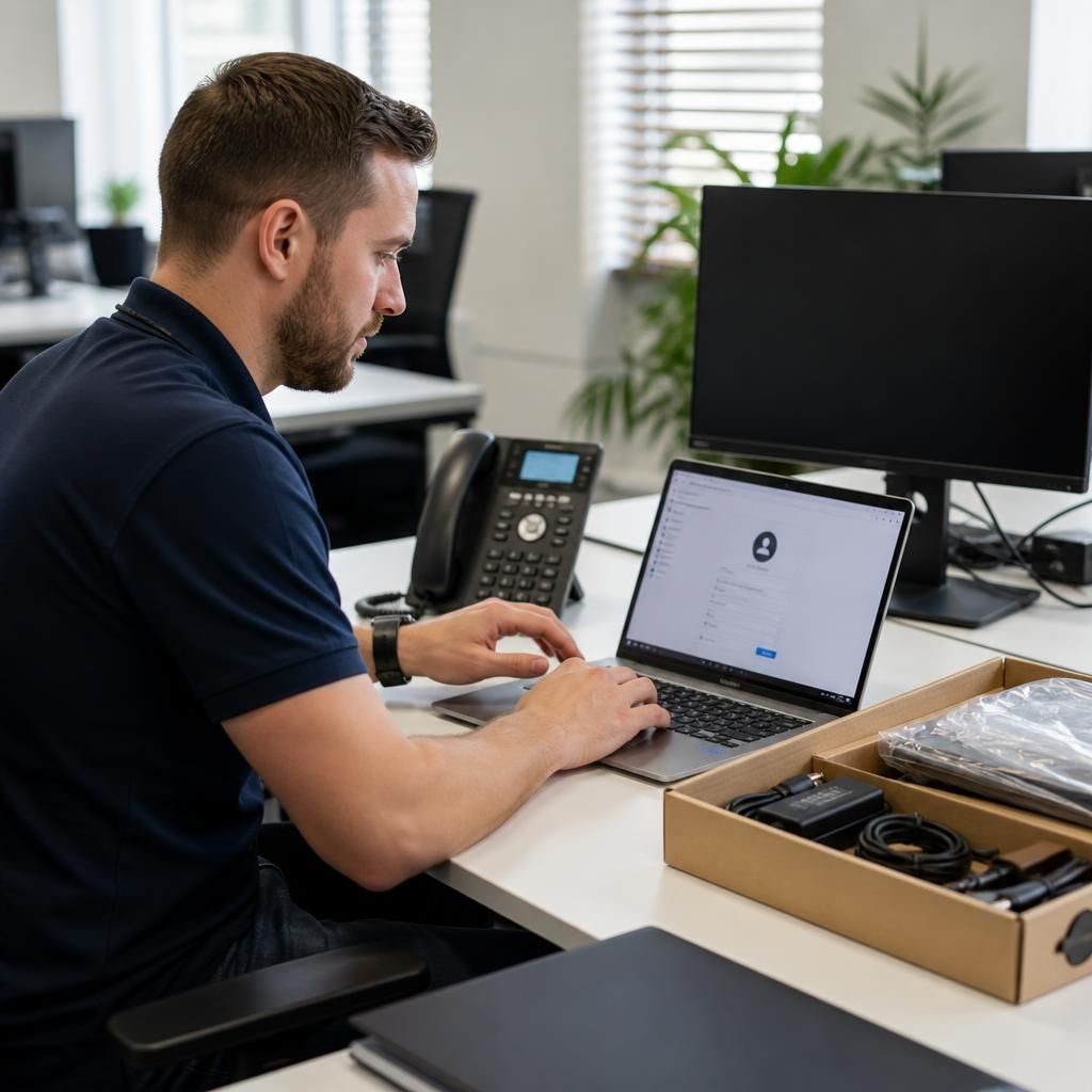 IT technician configuring a laptop and user account for a new employee