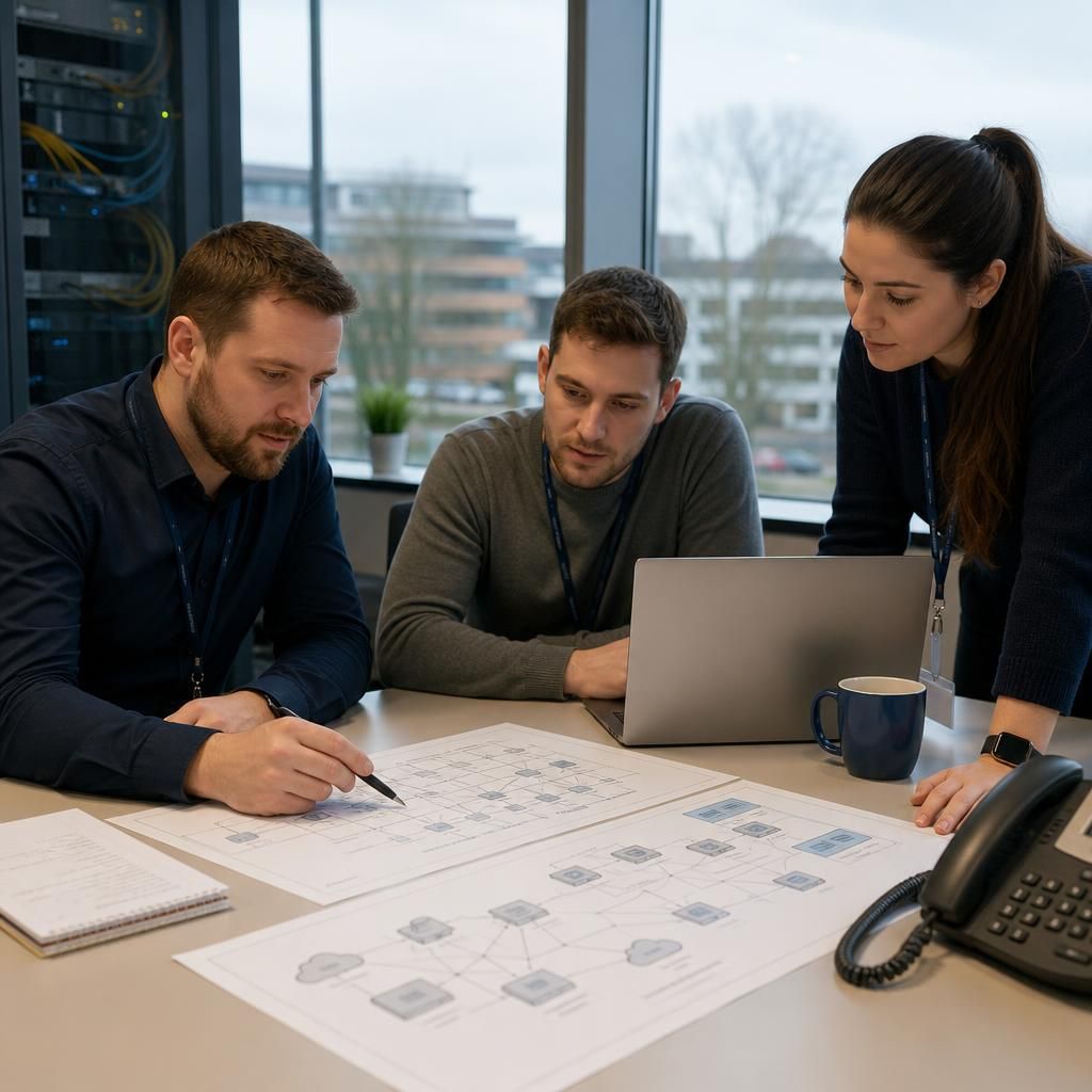 Internal and external IT teams reviewing network diagrams and service records