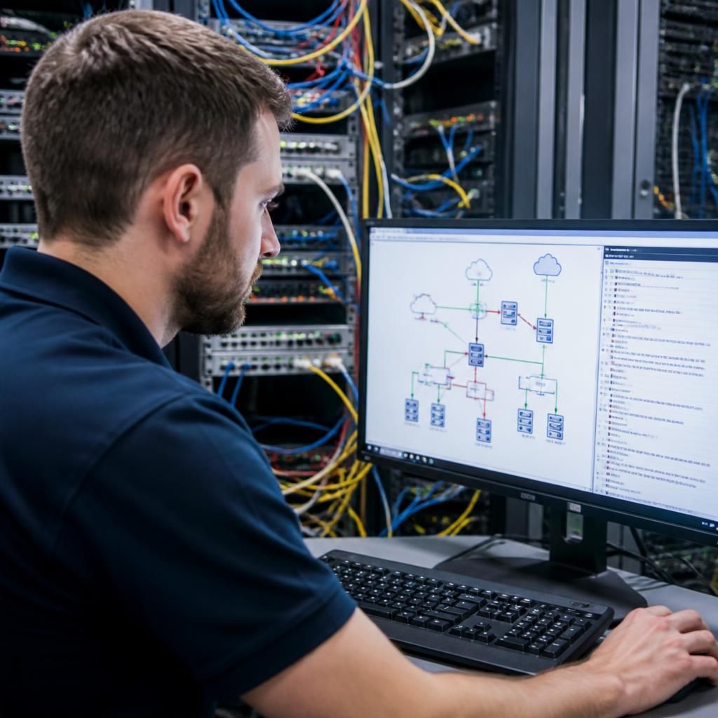 Technician reviewing network equipment and connection diagrams on a computer screen