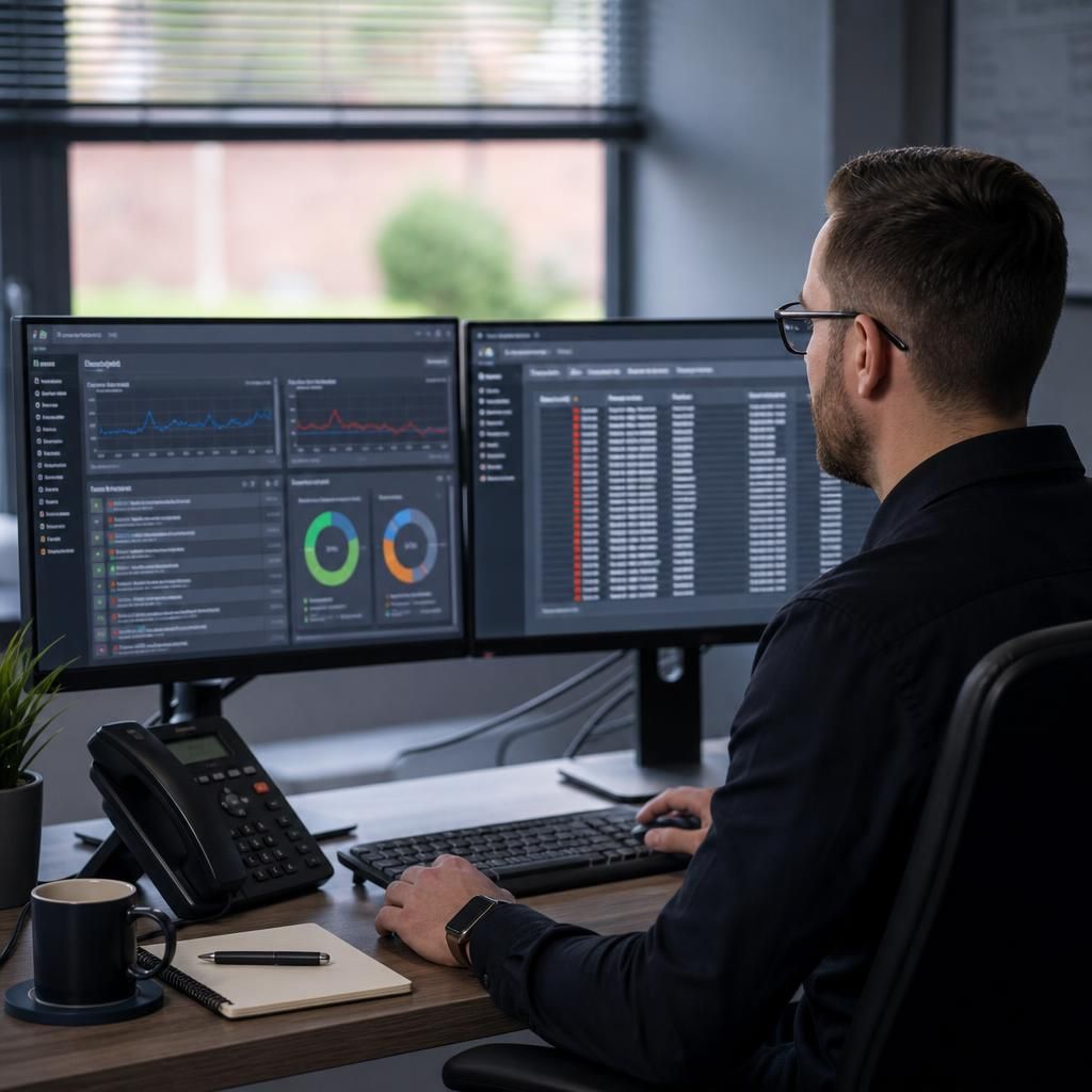 IT technician reviewing support tickets and system alerts on dual monitors
