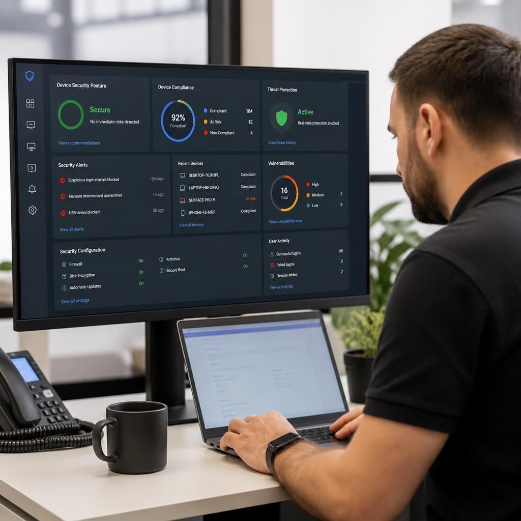 IT technician reviewing a laptop security dashboard on a monitor