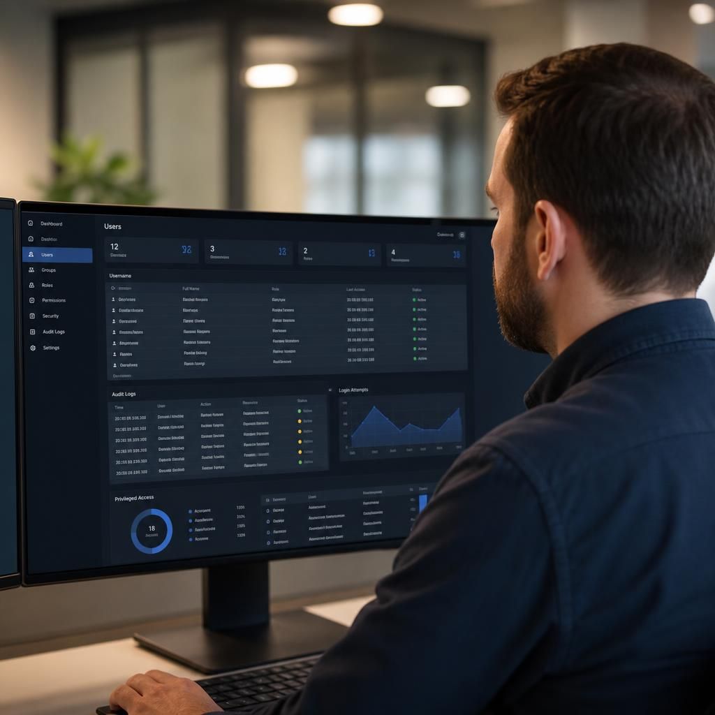 IT administrator reviewing user permissions and security logs on a computer screen