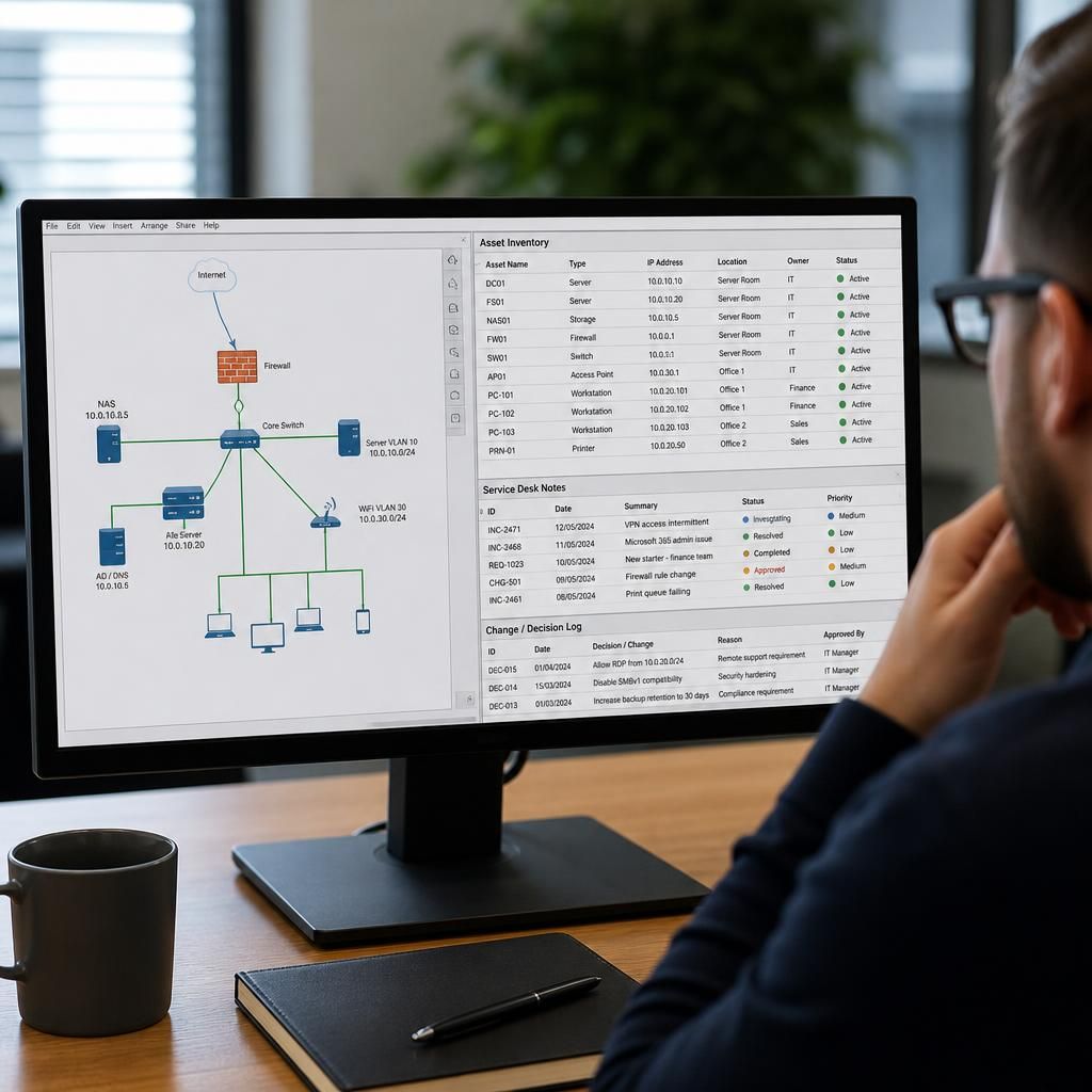 IT network diagram, asset records and service desk notes displayed on a computer screen