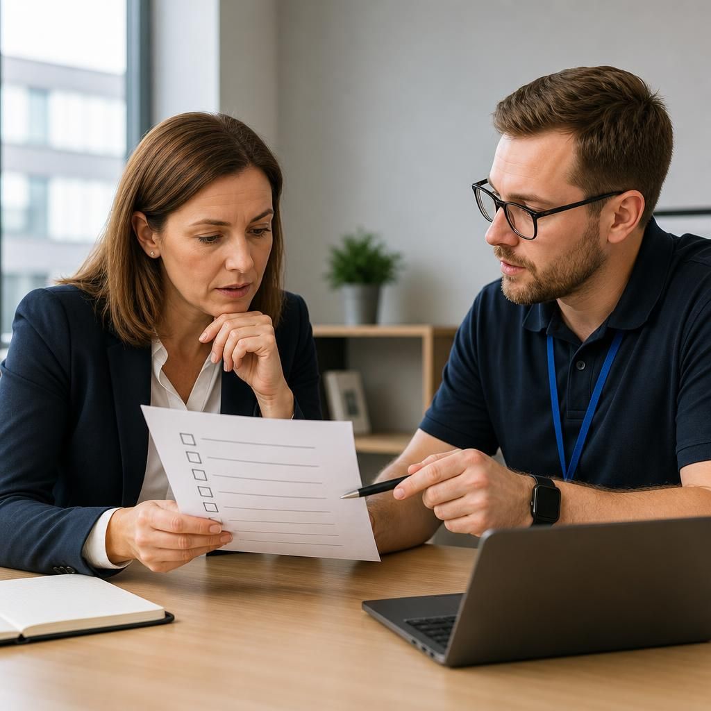 Business owner reviewing an IT support provider checklist with a technology adviser