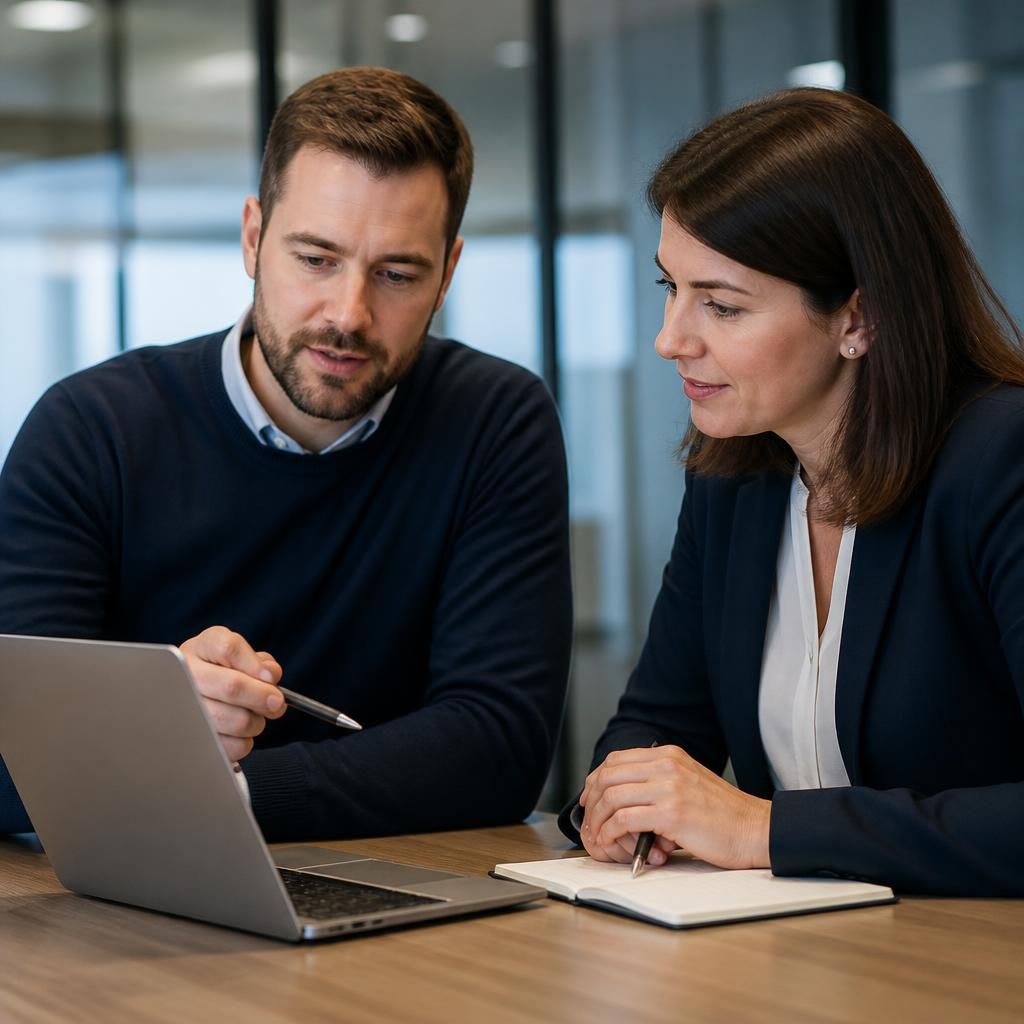 Business professionals reviewing an IT support service agreement on a laptop
