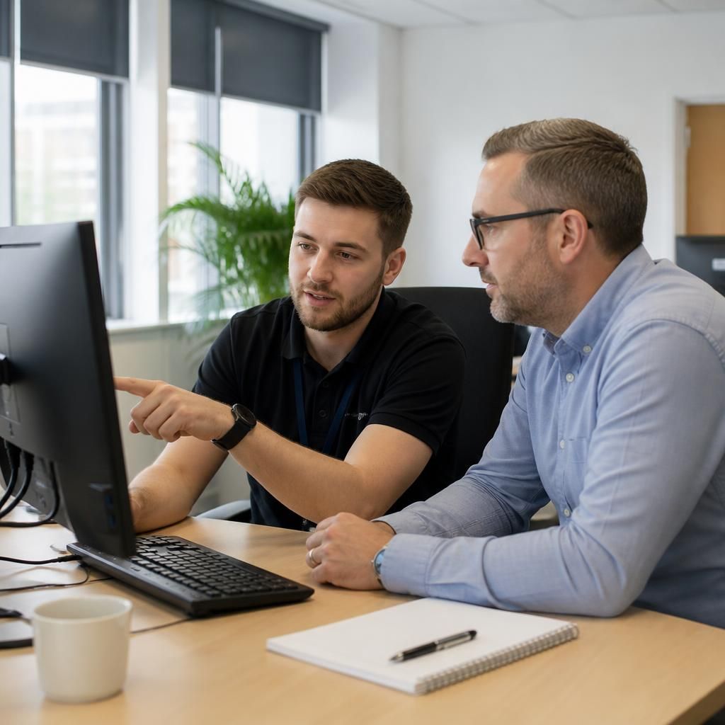 IT support technician discussing a computer screen with a business client