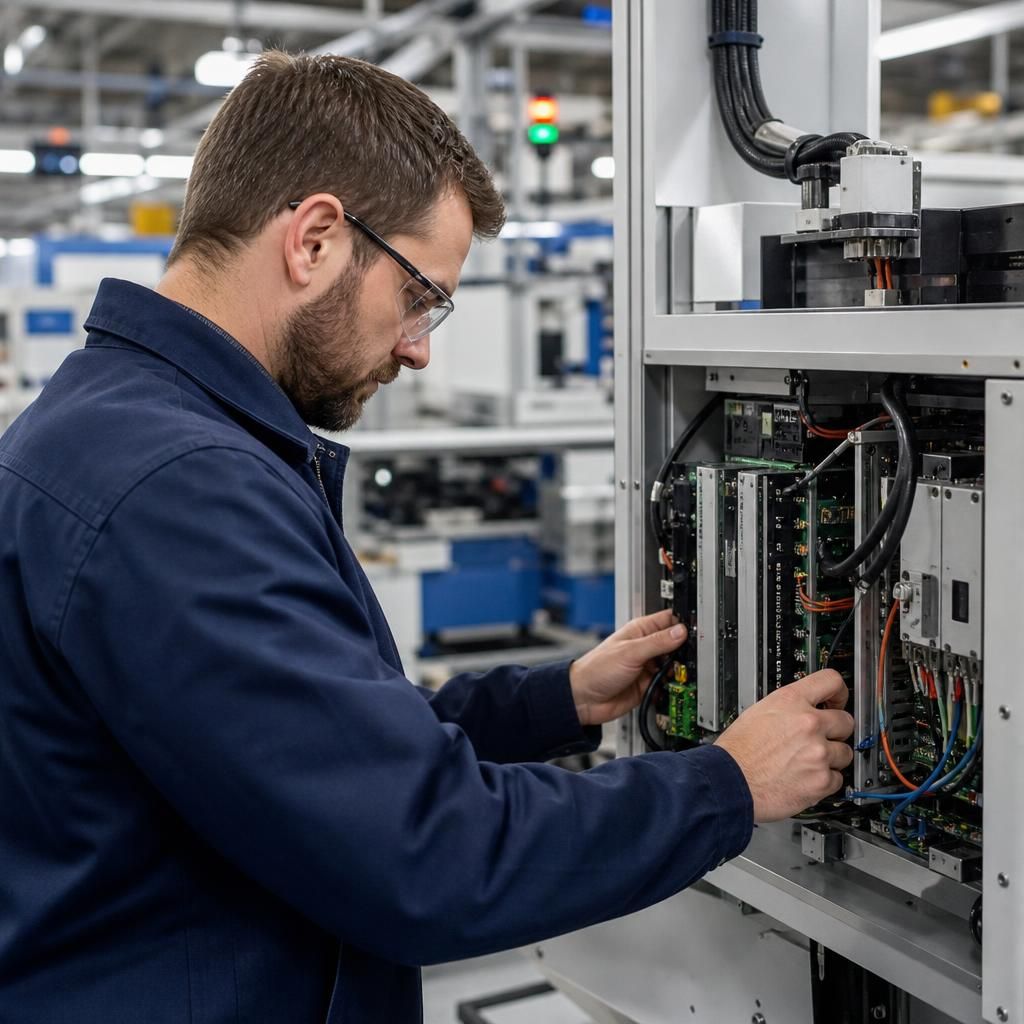Technician inspecting computer equipment in a manufacturing environment