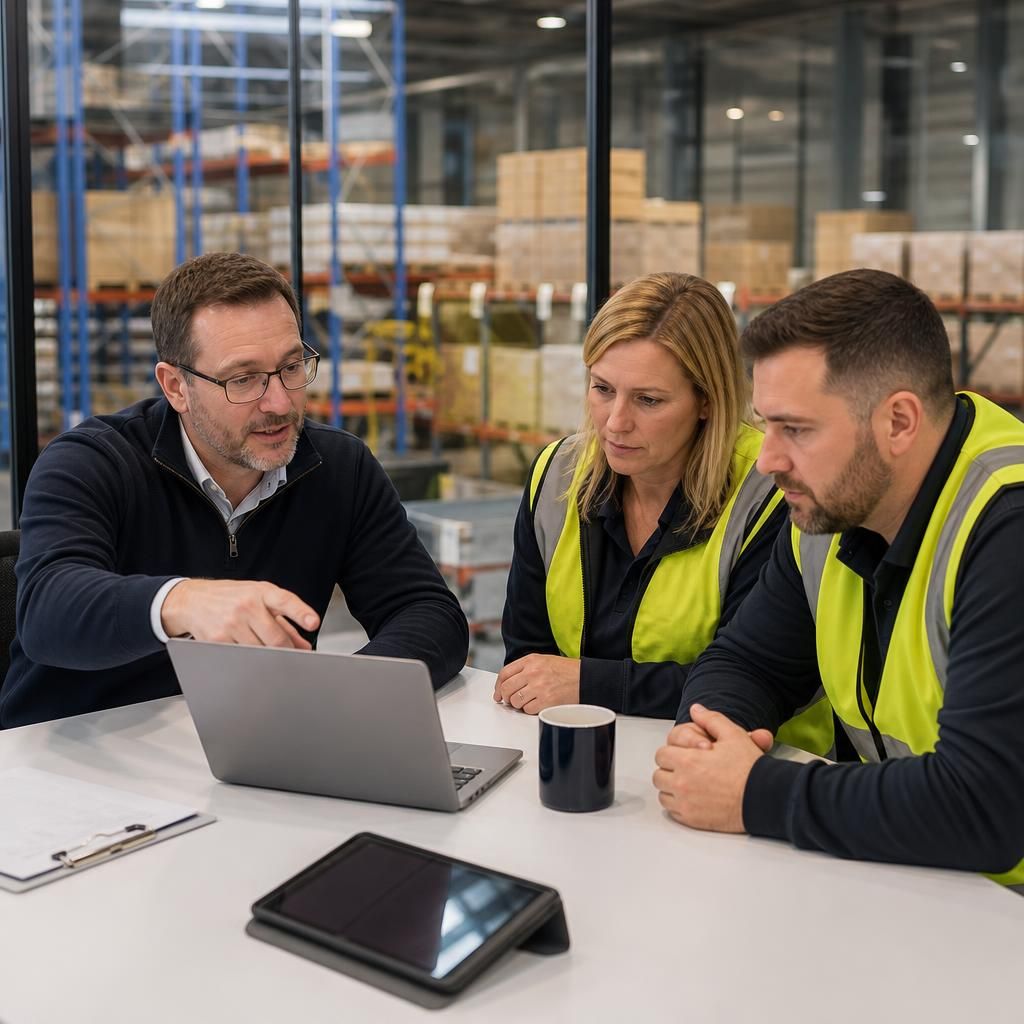 Business technology specialist discussing network access with a logistics team