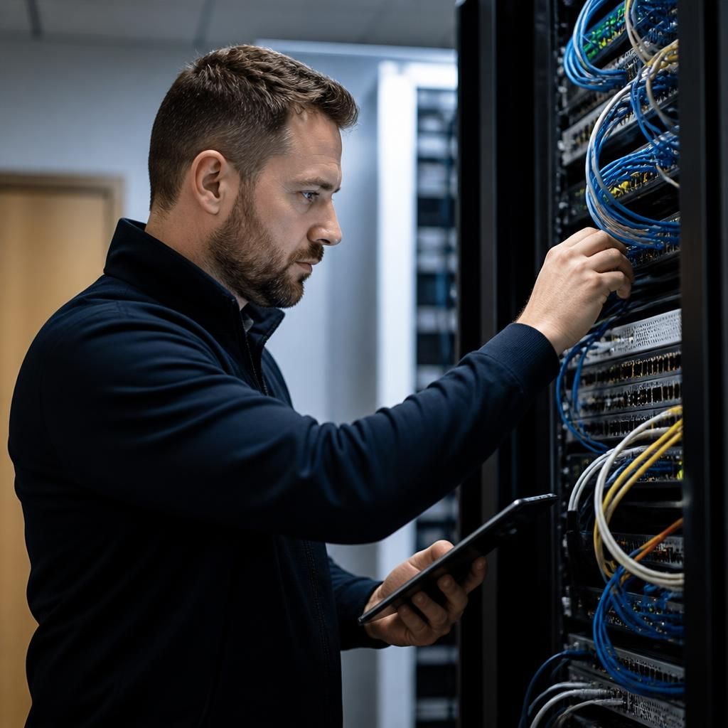 IT support professional reviewing network equipment for a multi-site business