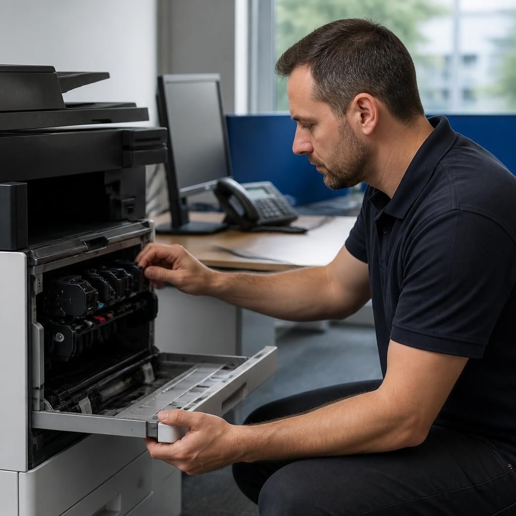 Technician examining a business printer beside a workstation
