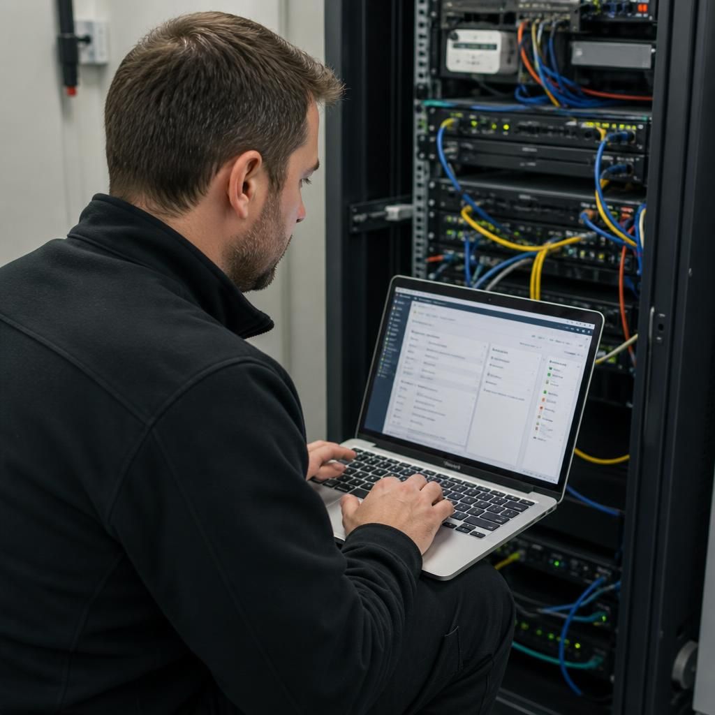 Technician reviewing an onsite IT service report on a laptop beside network equipment