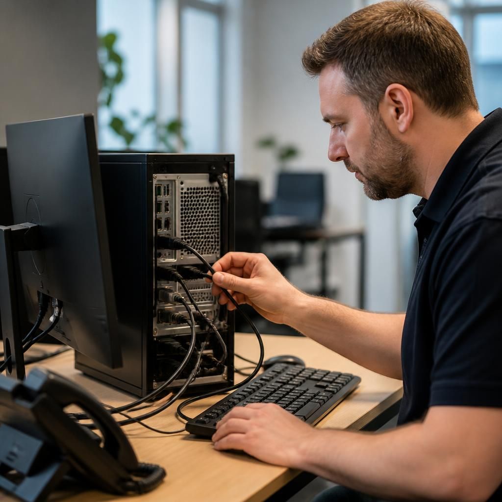 Technician examining a desktop computer, cables and connected peripherals at a business workstation