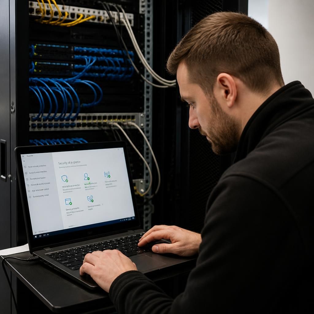 Technician reviewing security settings on a business laptop beside a network cabinet