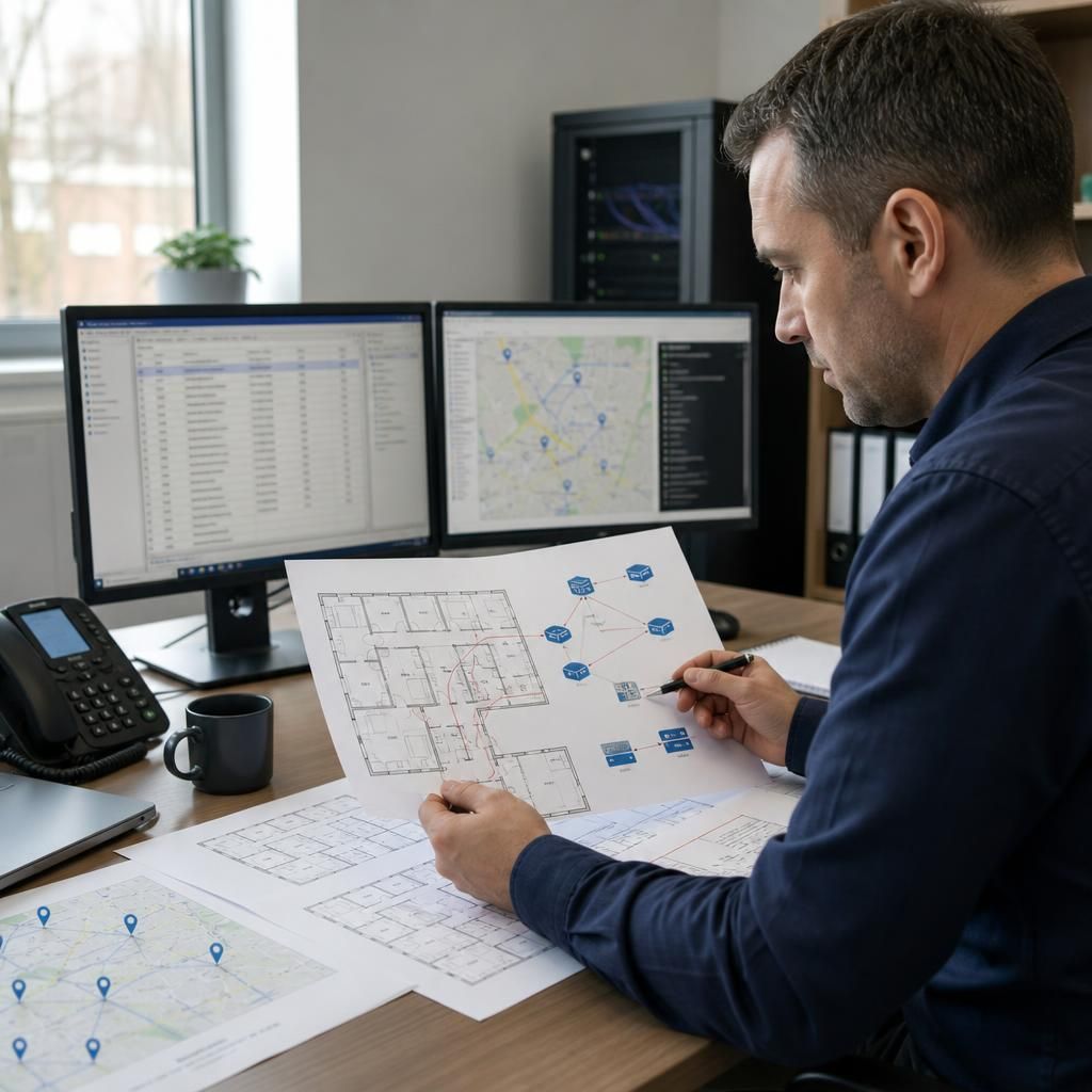 Technician reviewing a floor plan and network diagram for several business sites