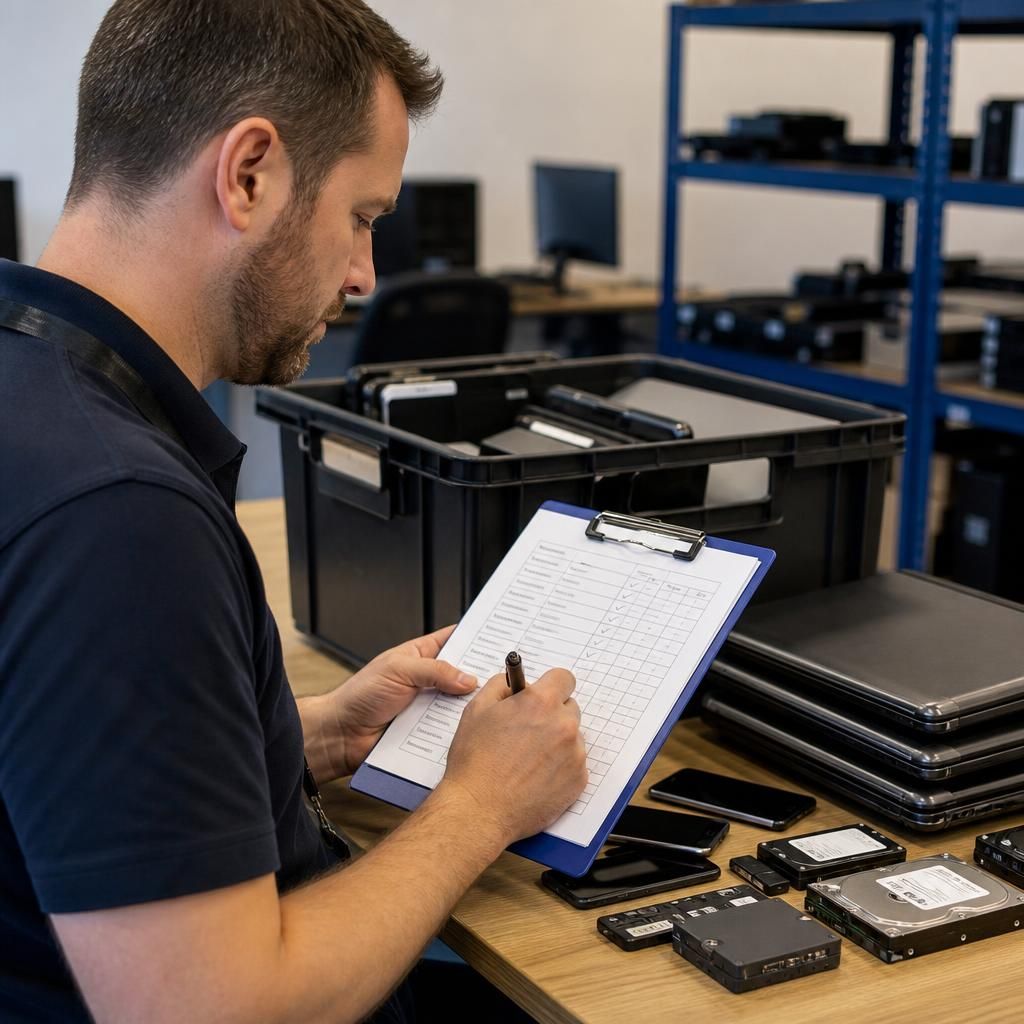 Technician documenting retired laptops, phones and storage devices on an equipment checklist