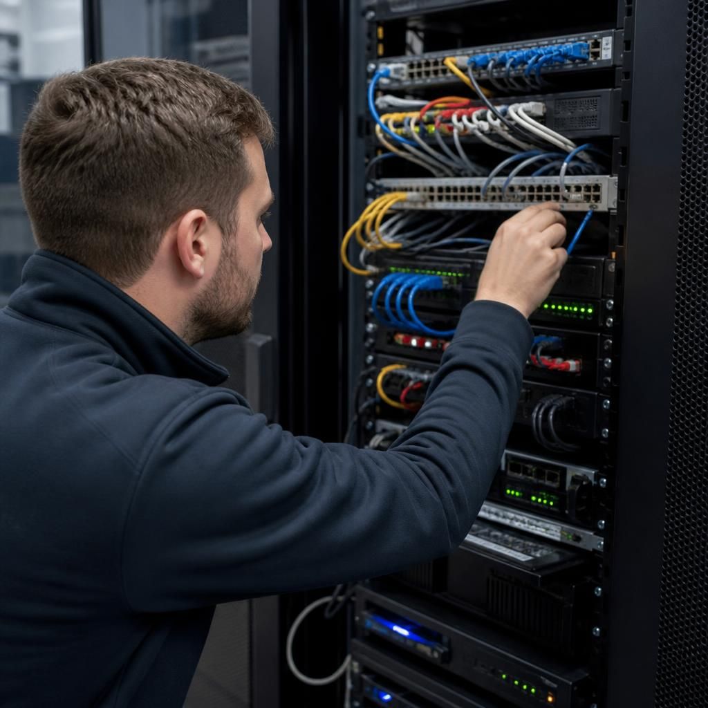 Technician inspecting network equipment in a business server cabinet