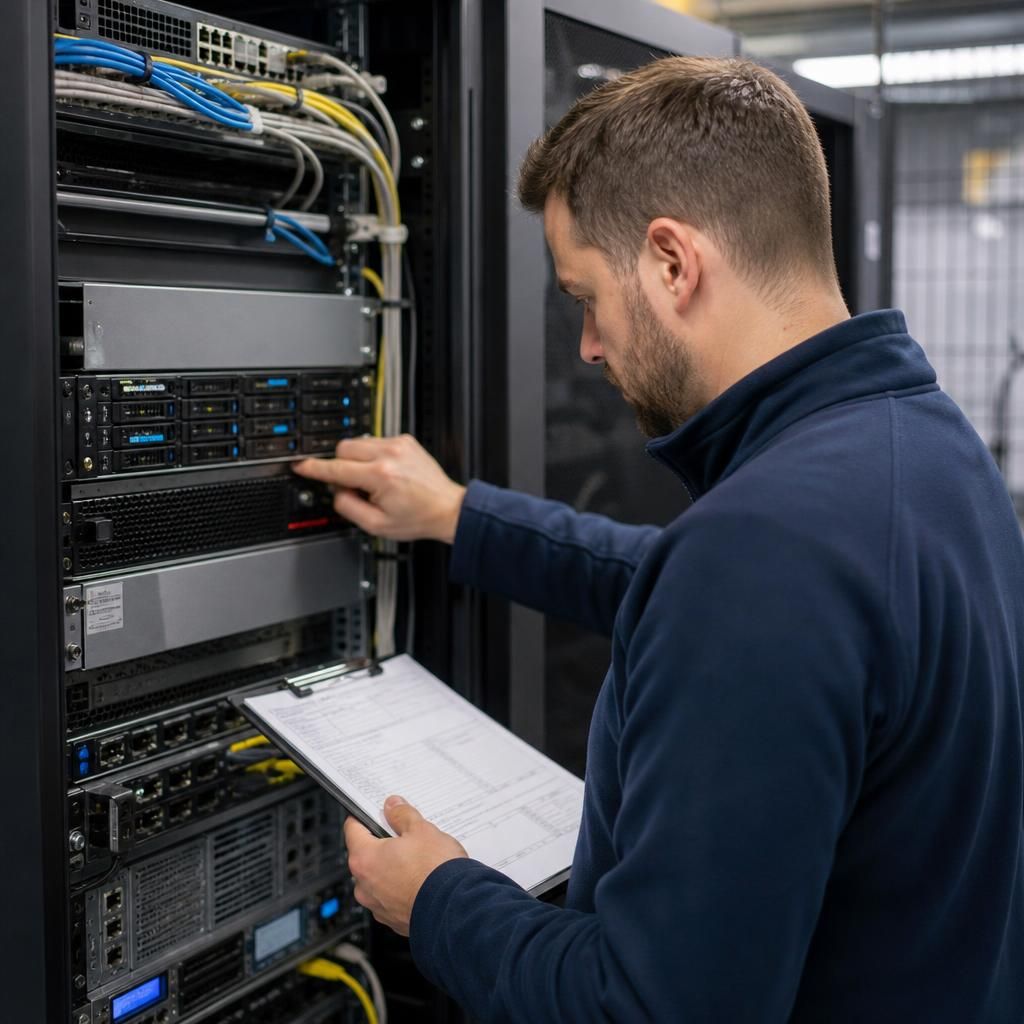 Technician inspecting a server rack, cables and equipment labels before replacement