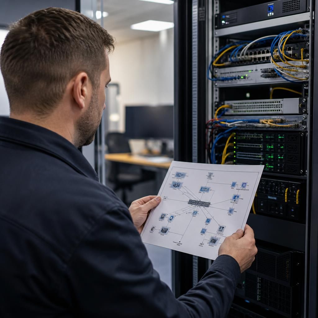Technician reviewing a network diagram beside a business server cabinet