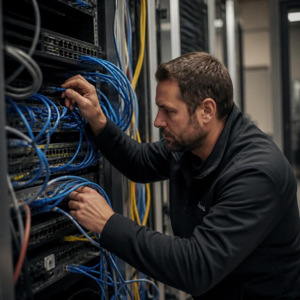 Technician inspecting network cabling and equipment in a business office