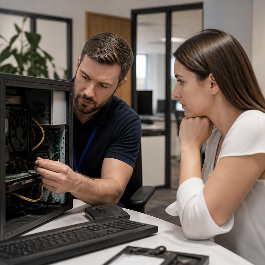 IT technician examining a desktop computer beside a business user