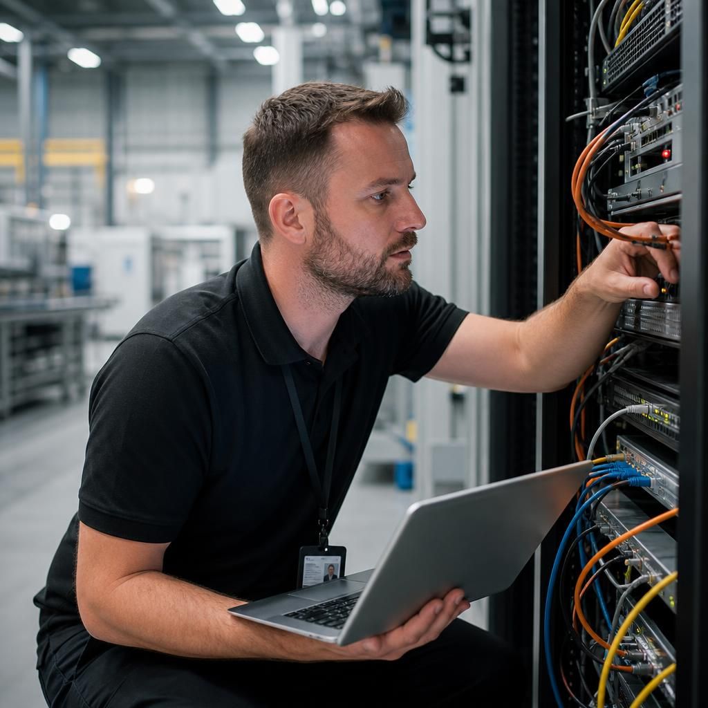 Technician checking network equipment in a manufacturing workplace