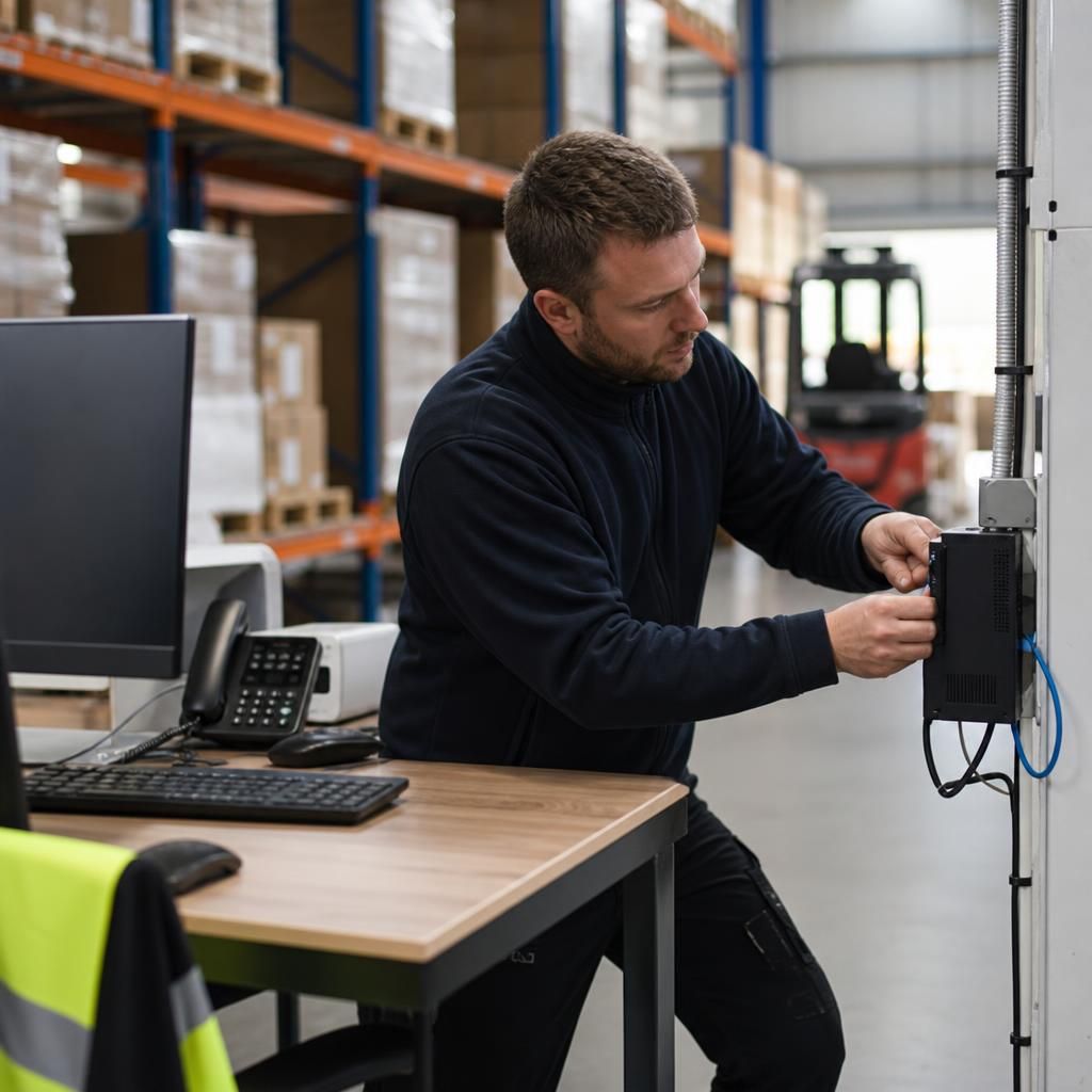 IT technician installing equipment at a logistics workplace